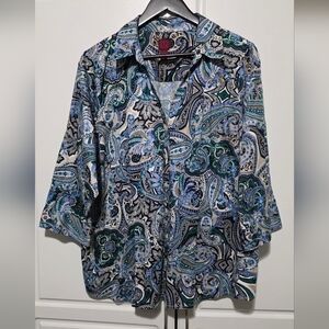 212 Collection Peasant Blouse Paisley Floral Button Front 3/4 Sleeve Boho Chic